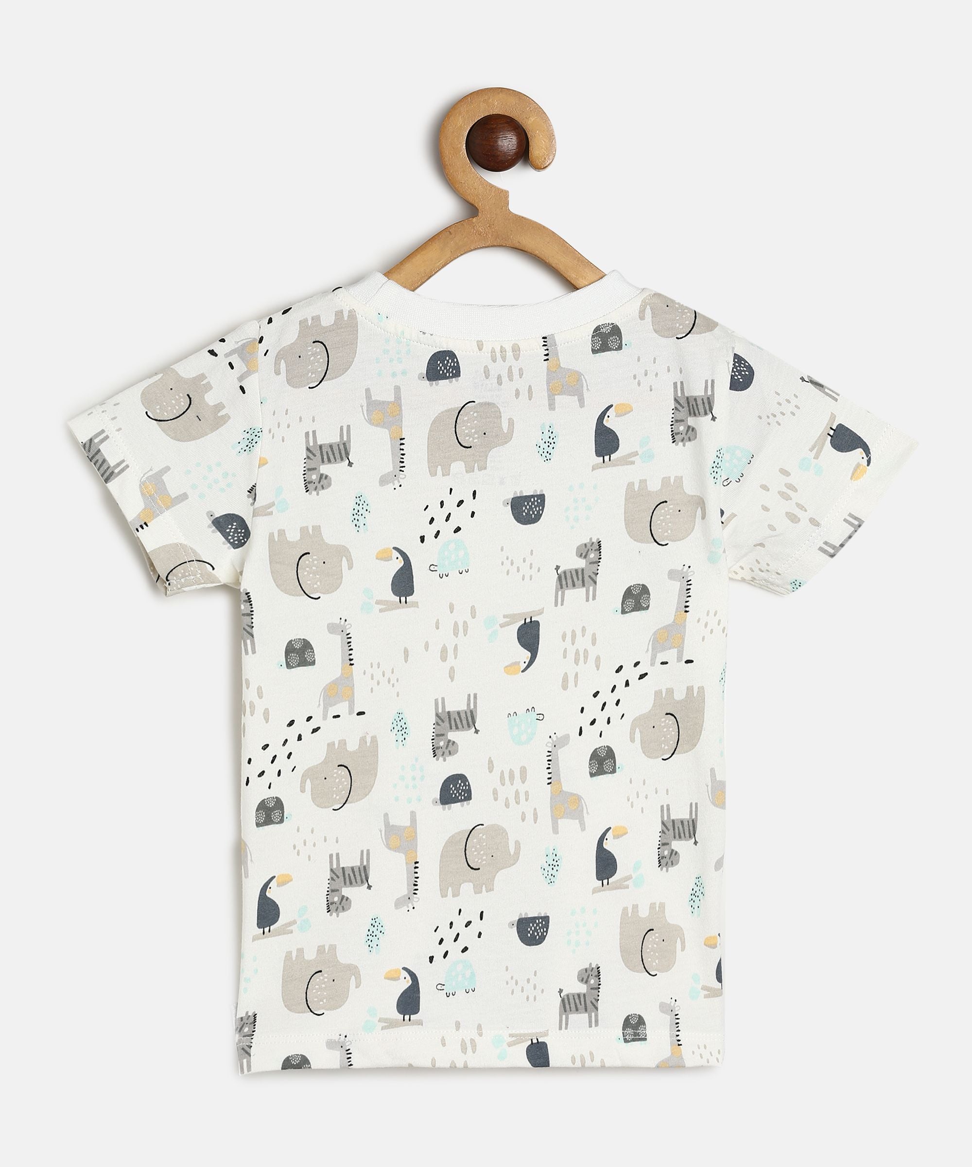 Baby Boys Navy Blue Cotton Dungaree with White Animal Printed T-Shirt Clothing Set