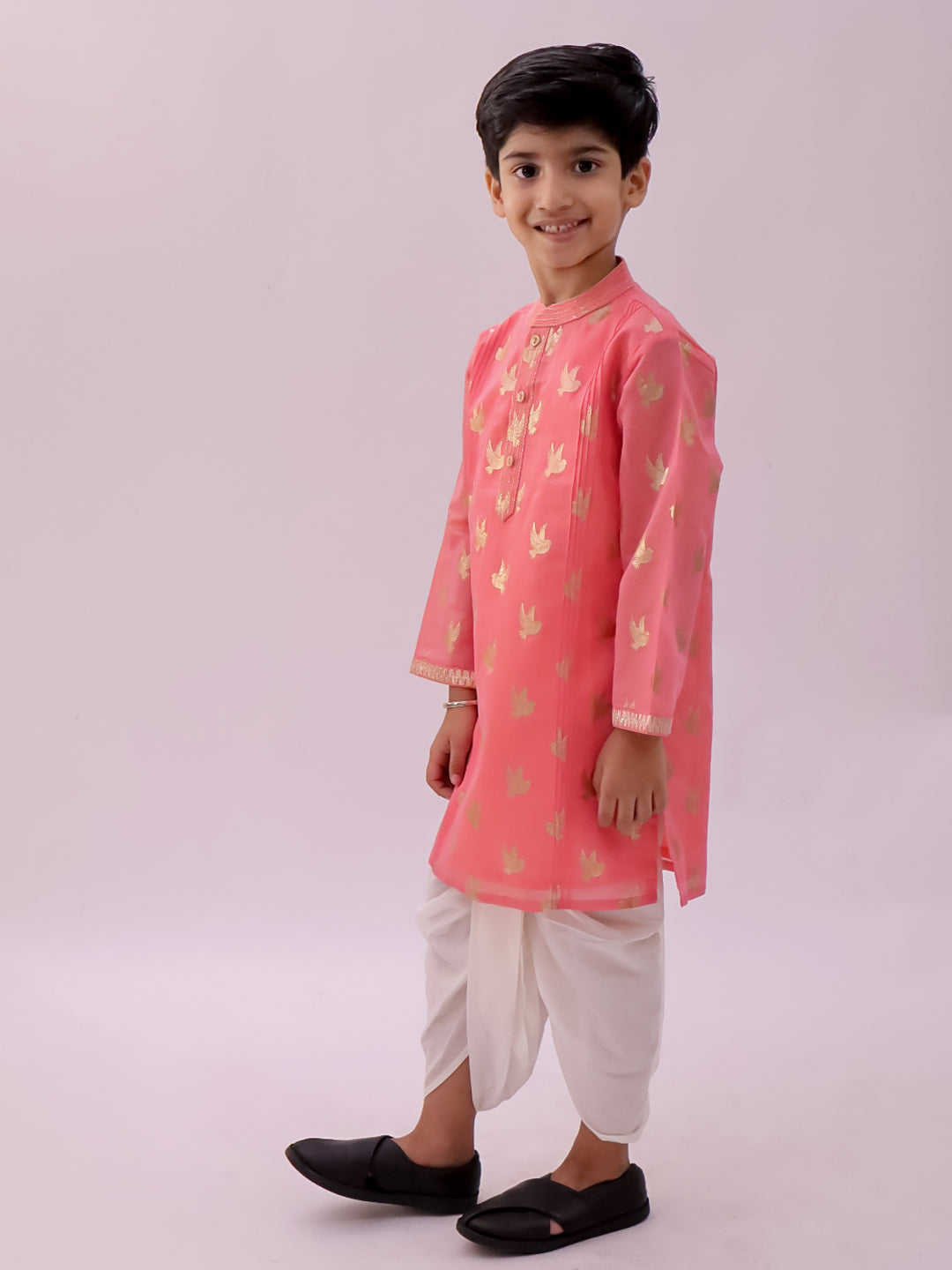 Lil Drama Boys Foil Print Kurta With Dhoti Pants Set, Pink And White