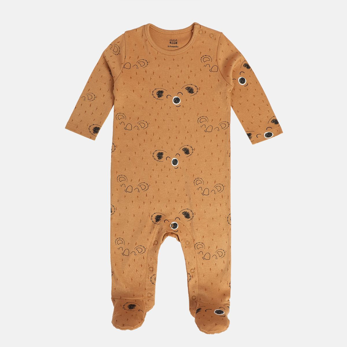Boys White/Brown Round Neck Full Length / Long Sleeve Sleep Suit