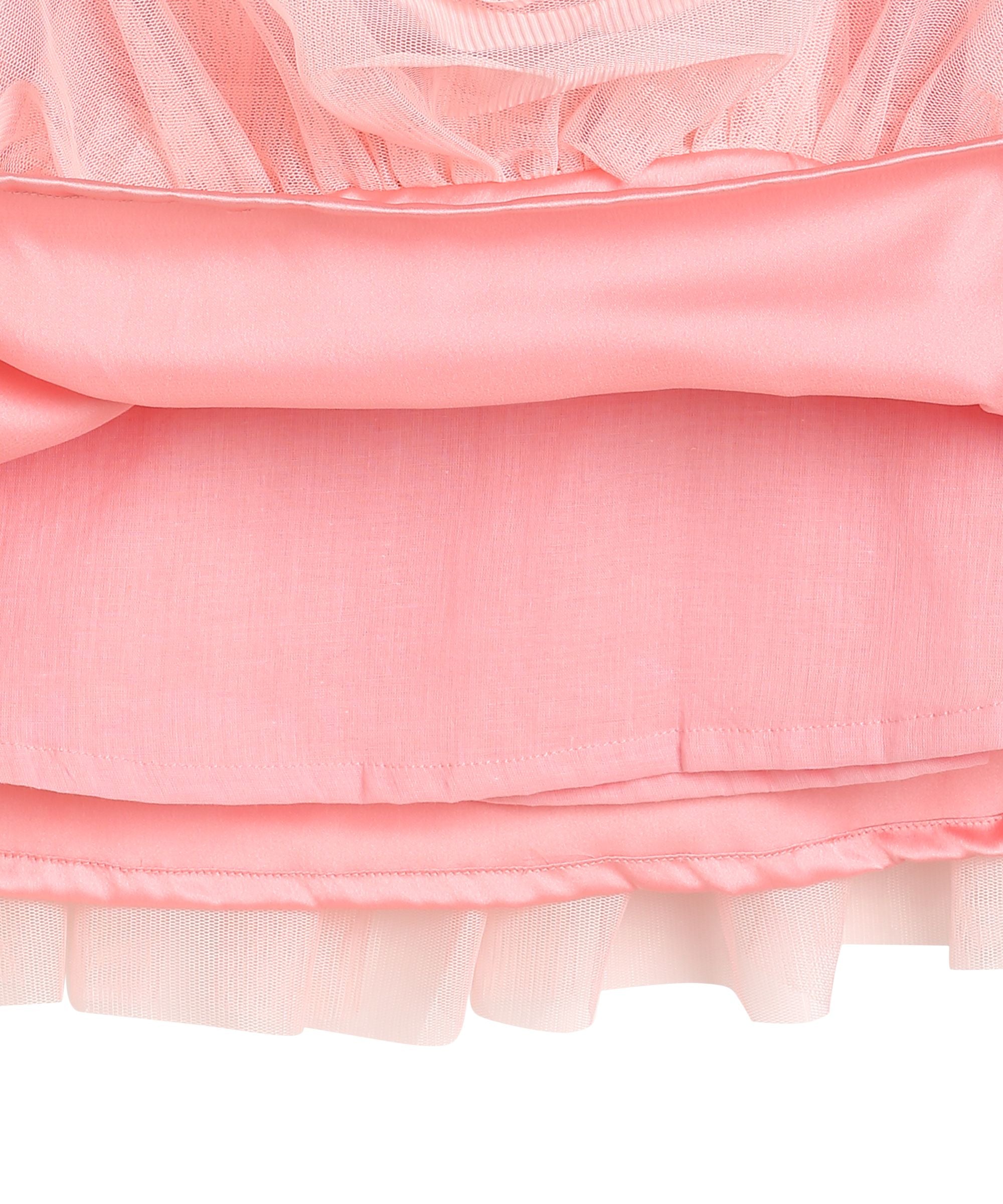 Girls Layered Tulle Party Dress with Ruffled Neckline, Blush Pink