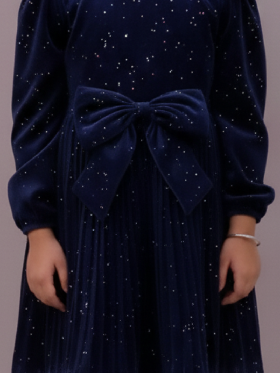 Lil Drama Girls Shimmer Pleated Full Sleeve Dress, Navy Blue