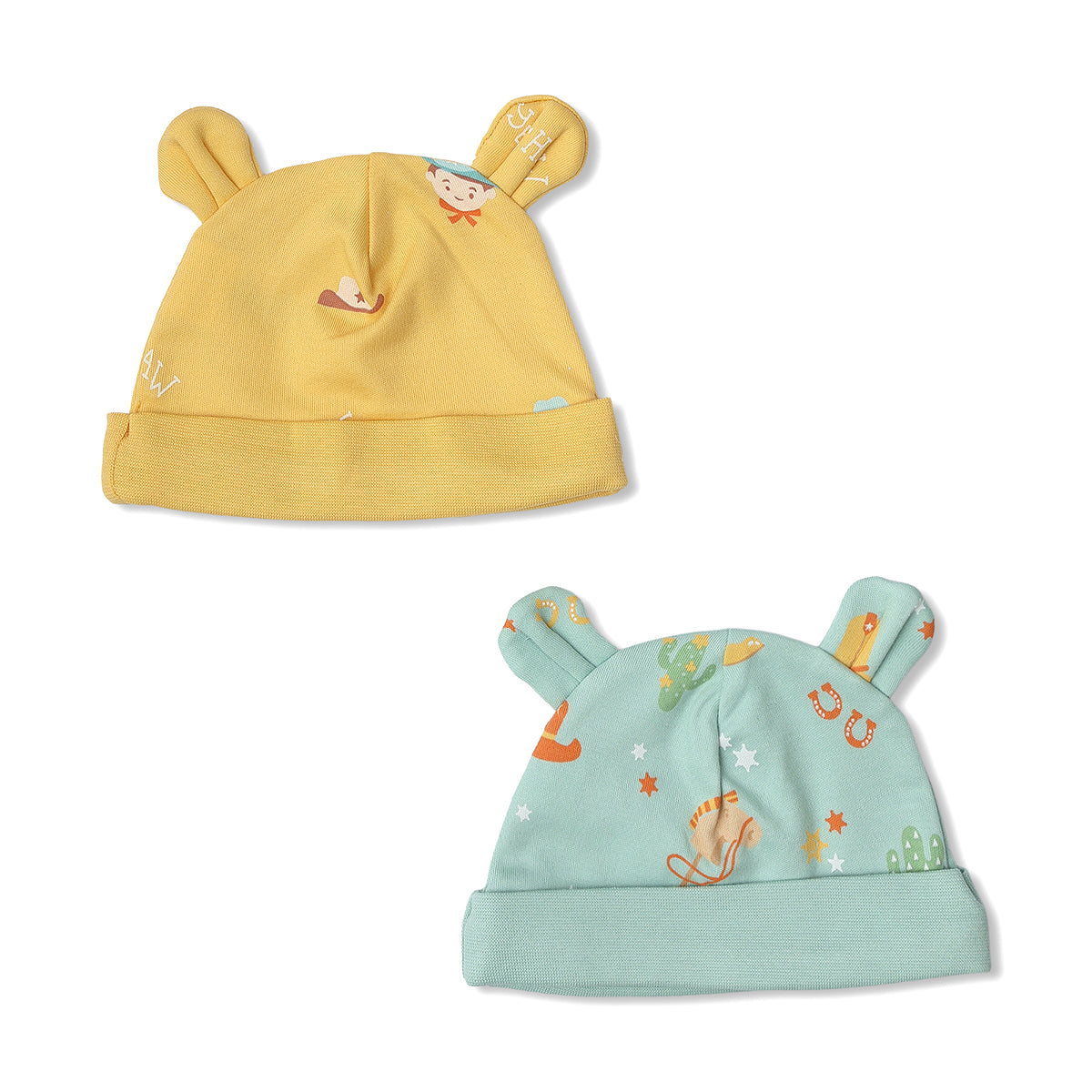 Baby Boys Printed Cap With Ear Detail Pack Of 2, Yellow And Green