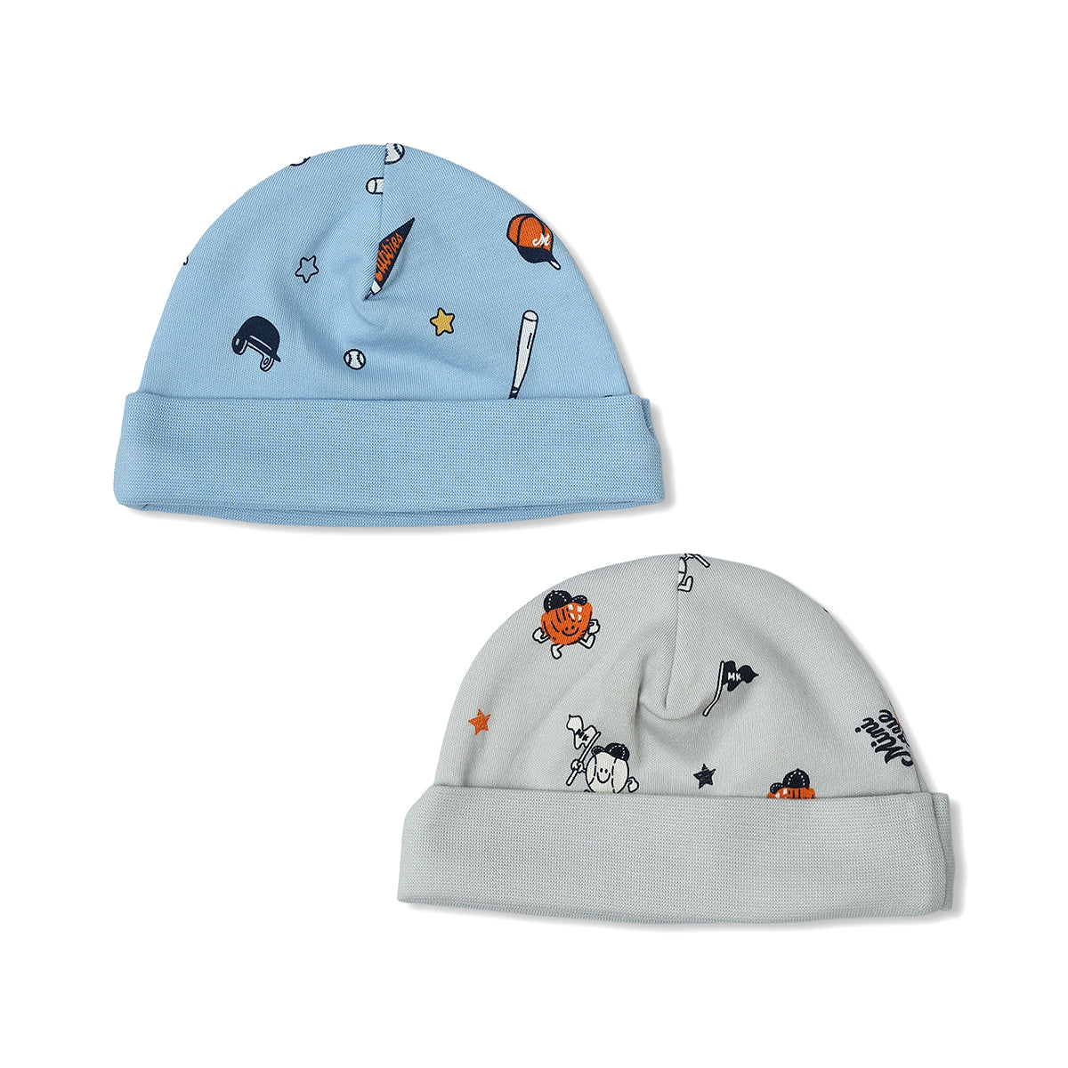 Baby Boys Printed Cap Pack Of 2, Blue And Grey