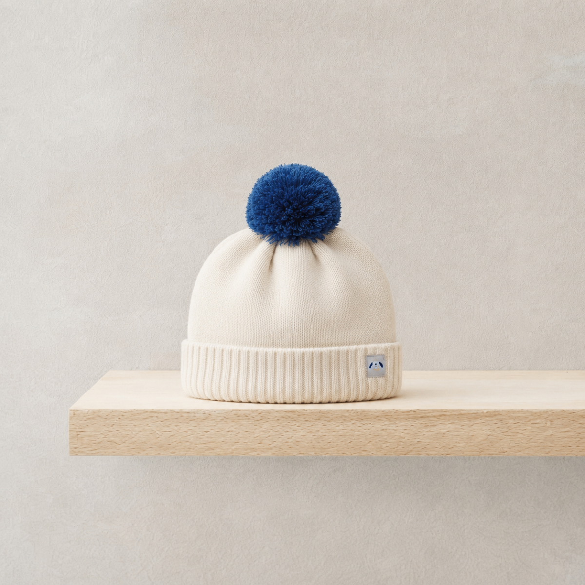 Baby Boys Cream And Blue Knitted Pom-Pom Cap With Fold-Over Cuff Casual Wear