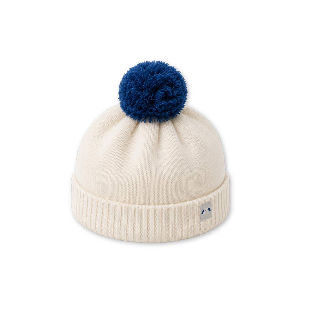 Baby Boys Cream And Blue Knitted Pom-Pom Cap With Fold-Over Cuff Casual Wear