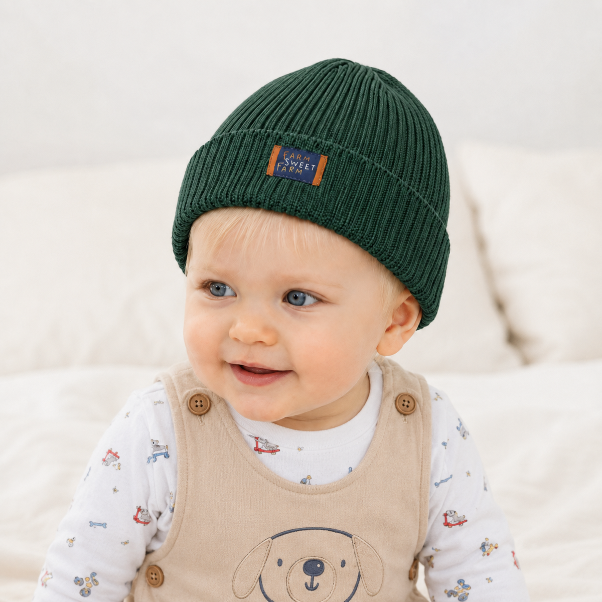 Baby Boys Dark Green Knitted Ribbed Cap With Fold-Over Cuff Regular Fit Casual Wear