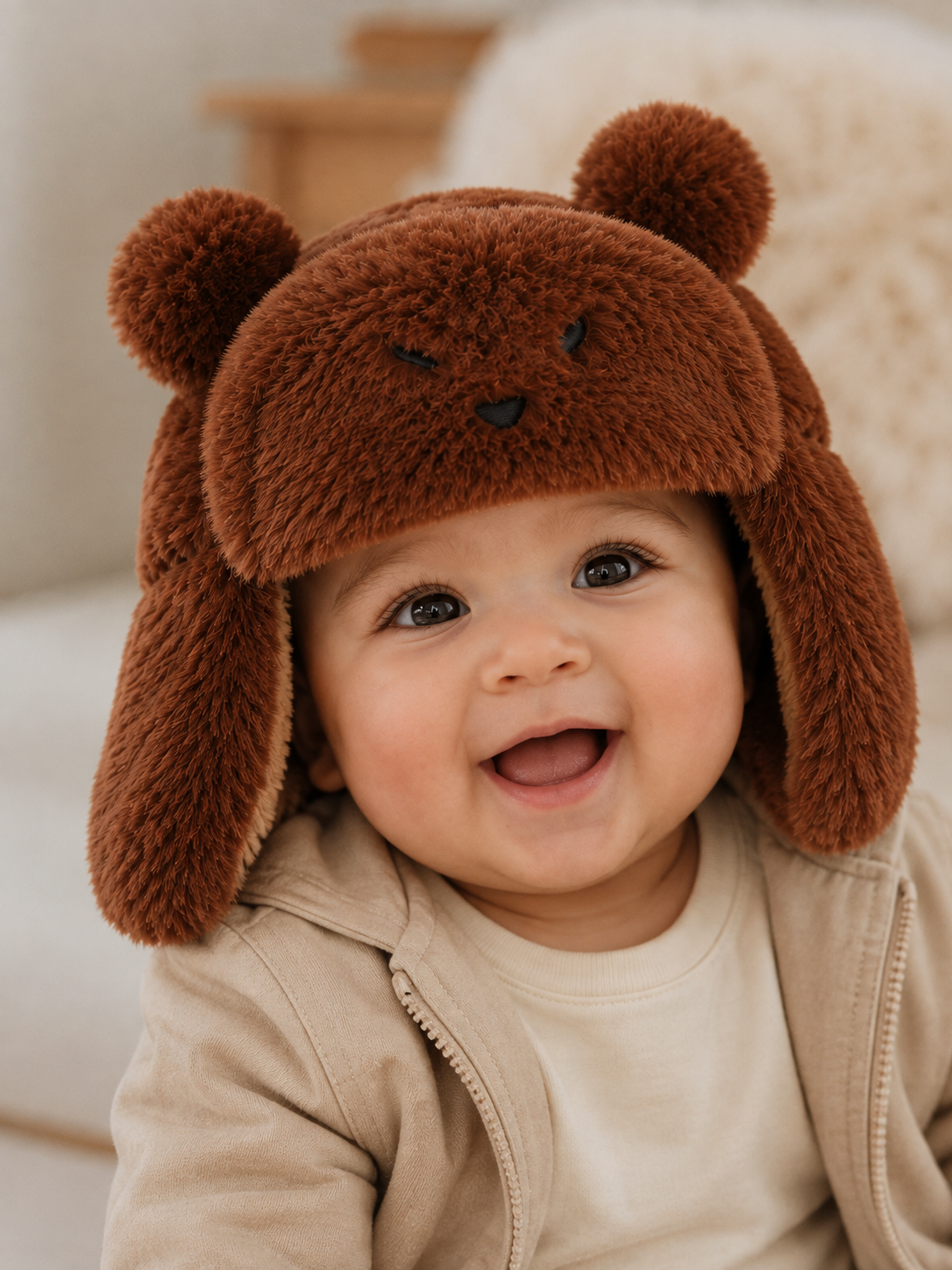 Baby Unisex Brown Plush Bear Face Cap With Ear Flaps Regular Fit Casual Wear