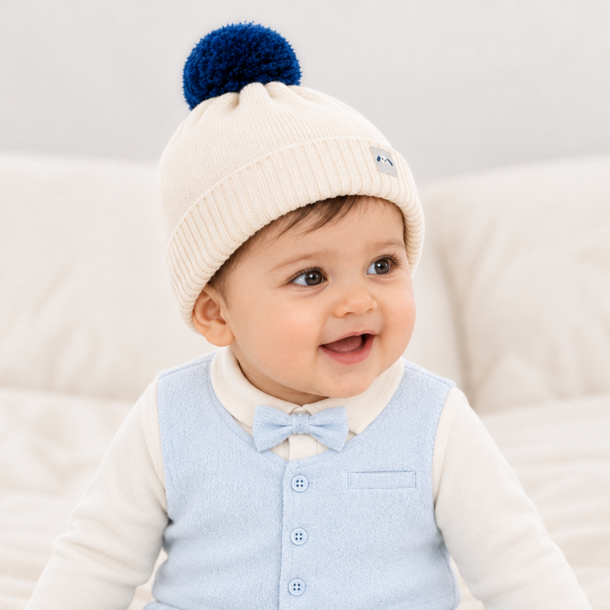 Baby Girls White Acrylic Knitted Cap Regular Fit Winter Wear