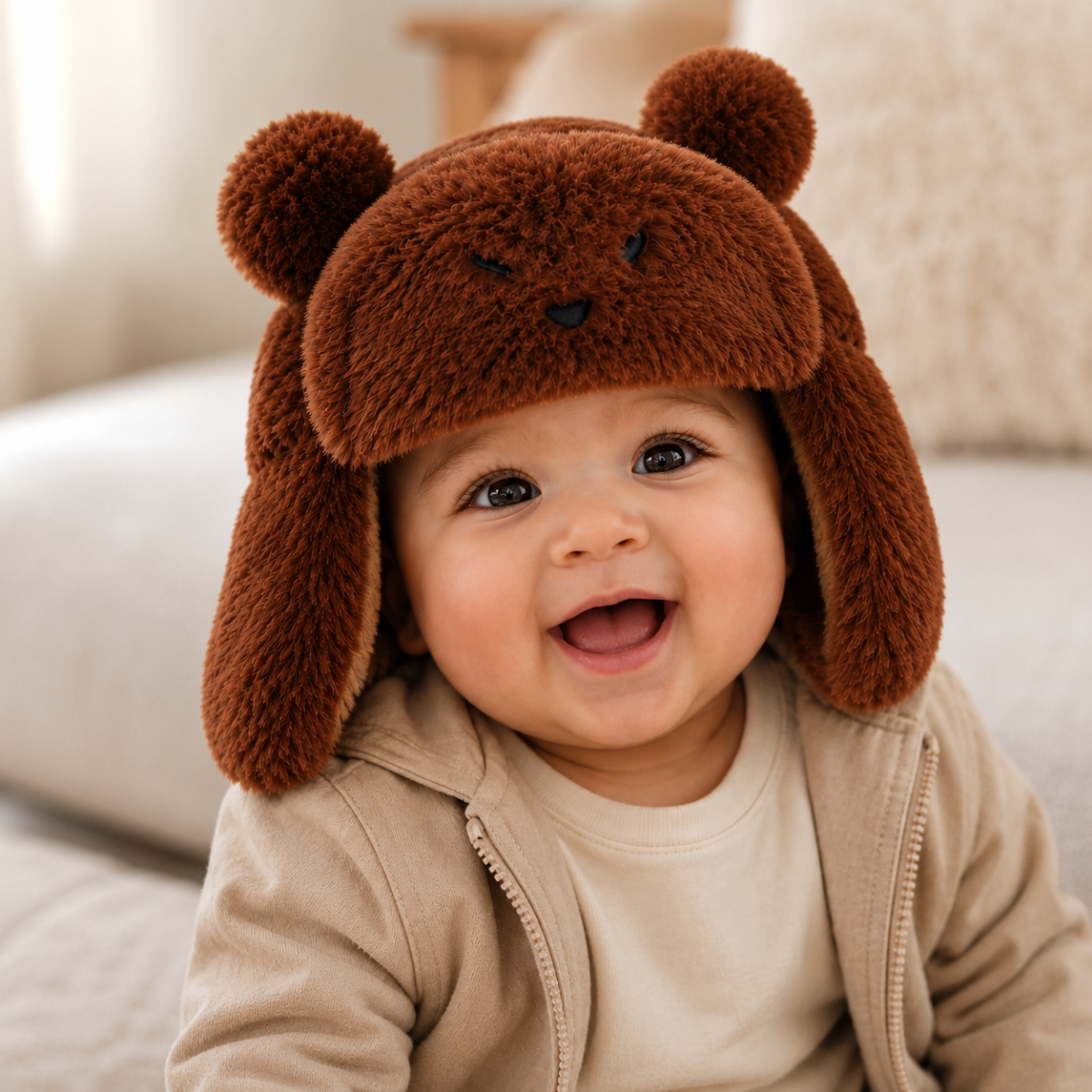 Baby Unisex Brown Polyester Bear Ear Flap Hat Soft Plush Winter Wear