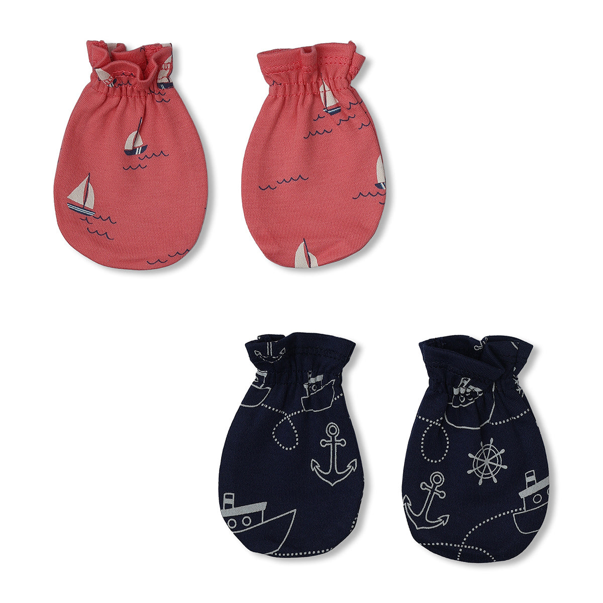 Baby Unisex Sailboat Print And Nautical Print Mittens Pack Of 2, Pink And Navy Blue