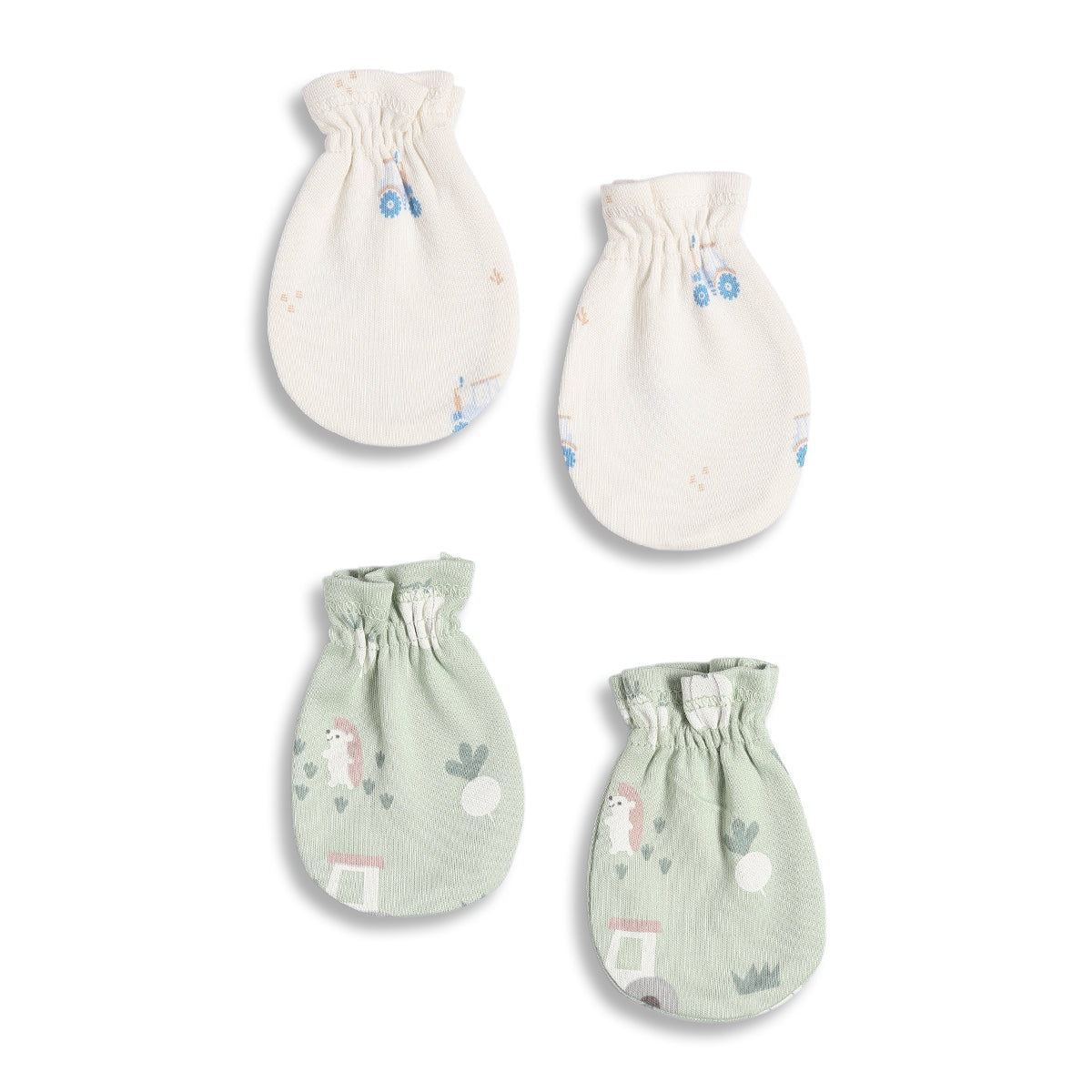 Baby Unisex Tractor Print And Farm Print Mittens Pack Of 2, Off White And Light Green