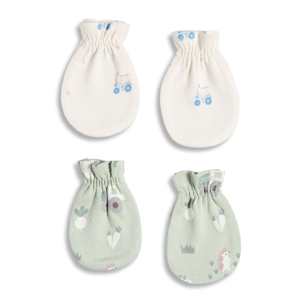 Baby Unisex Tractor Print And Farm Print Mittens Pack Of 2, Off White And Light Green