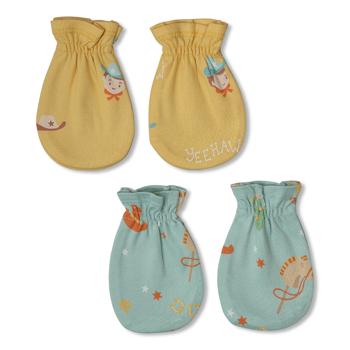 Baby Unisex Cowboy Print And Horse Print Mittens Pack Of 2, Yellow And Mint Green