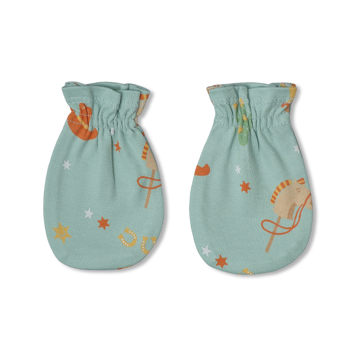 Baby Unisex Cowboy Print And Horse Print Mittens Pack Of 2, Yellow And Mint Green