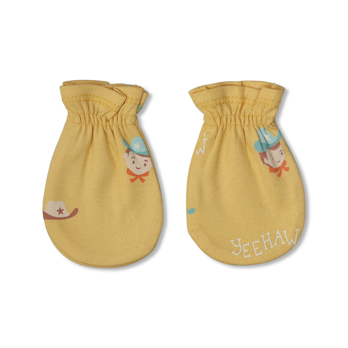 Baby Unisex Cowboy Print And Horse Print Mittens Pack Of 2, Yellow And Mint Green