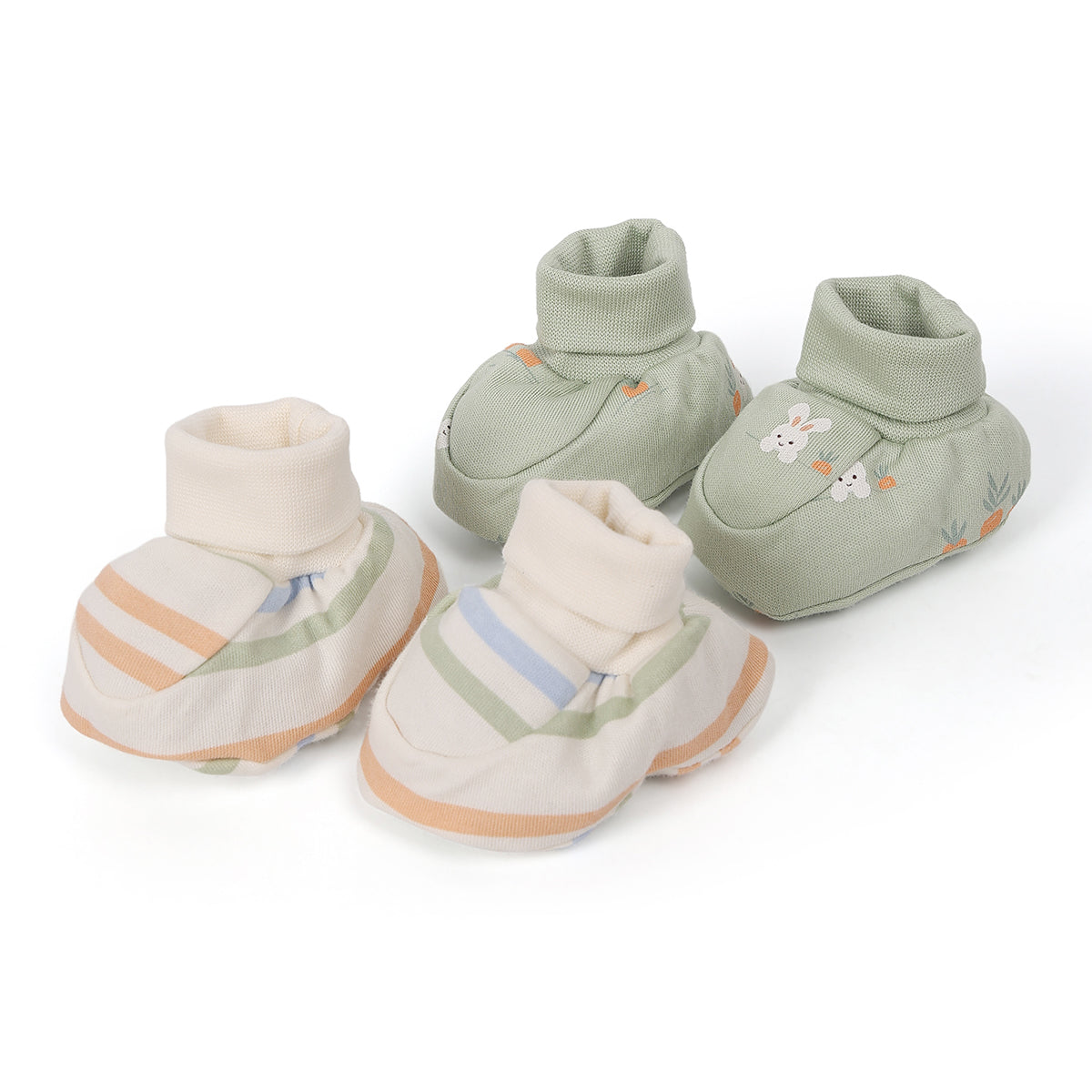 Baby Unisex Striped And Bunny Motif Booties Pack Of 2, Cream And Green