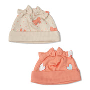 Baby Girls Heart And Bow Print Cap Pack Of 2, Peach And Beige
