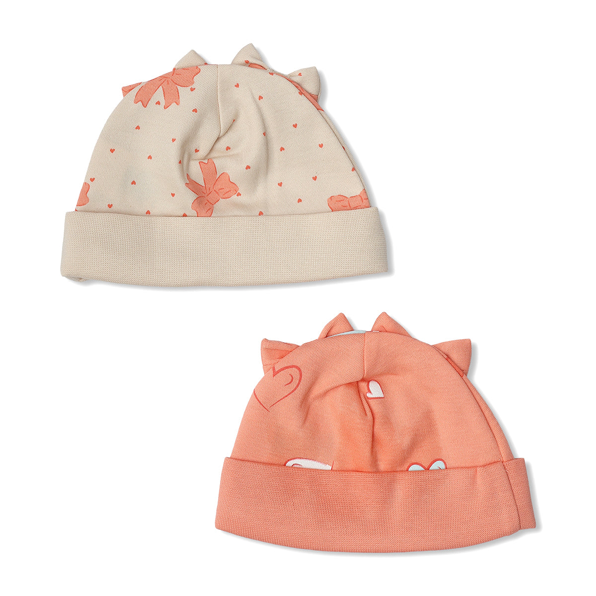 Baby Girls Heart And Bow Print Cap Pack Of 2, Peach And Beige