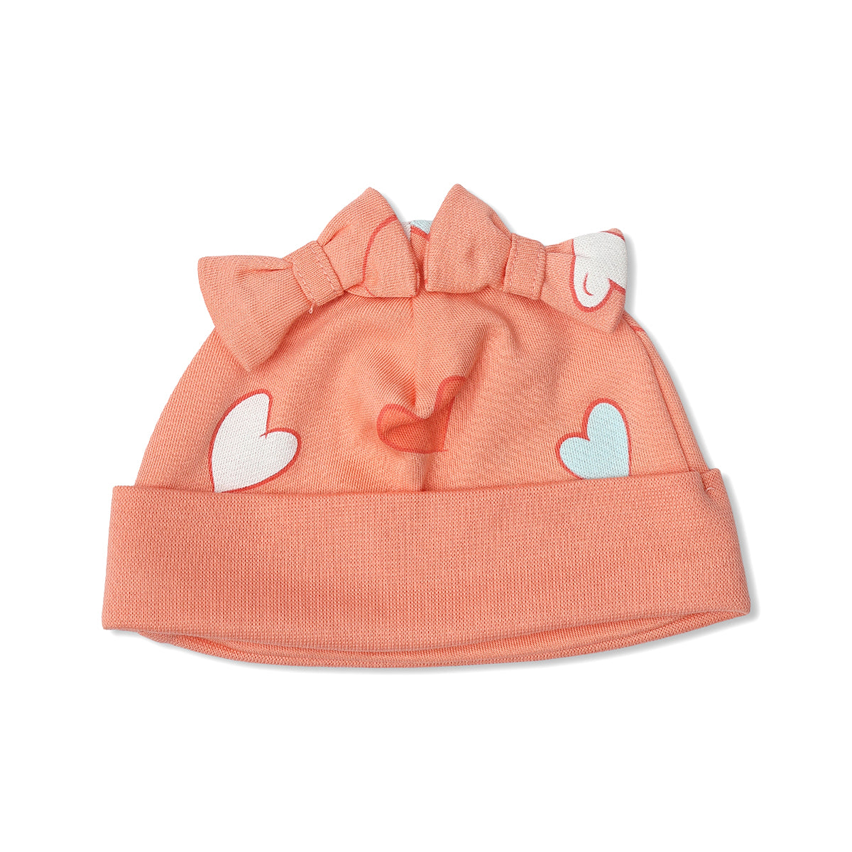 Baby Girls Heart And Bow Print Cap Pack Of 2, Peach And Beige