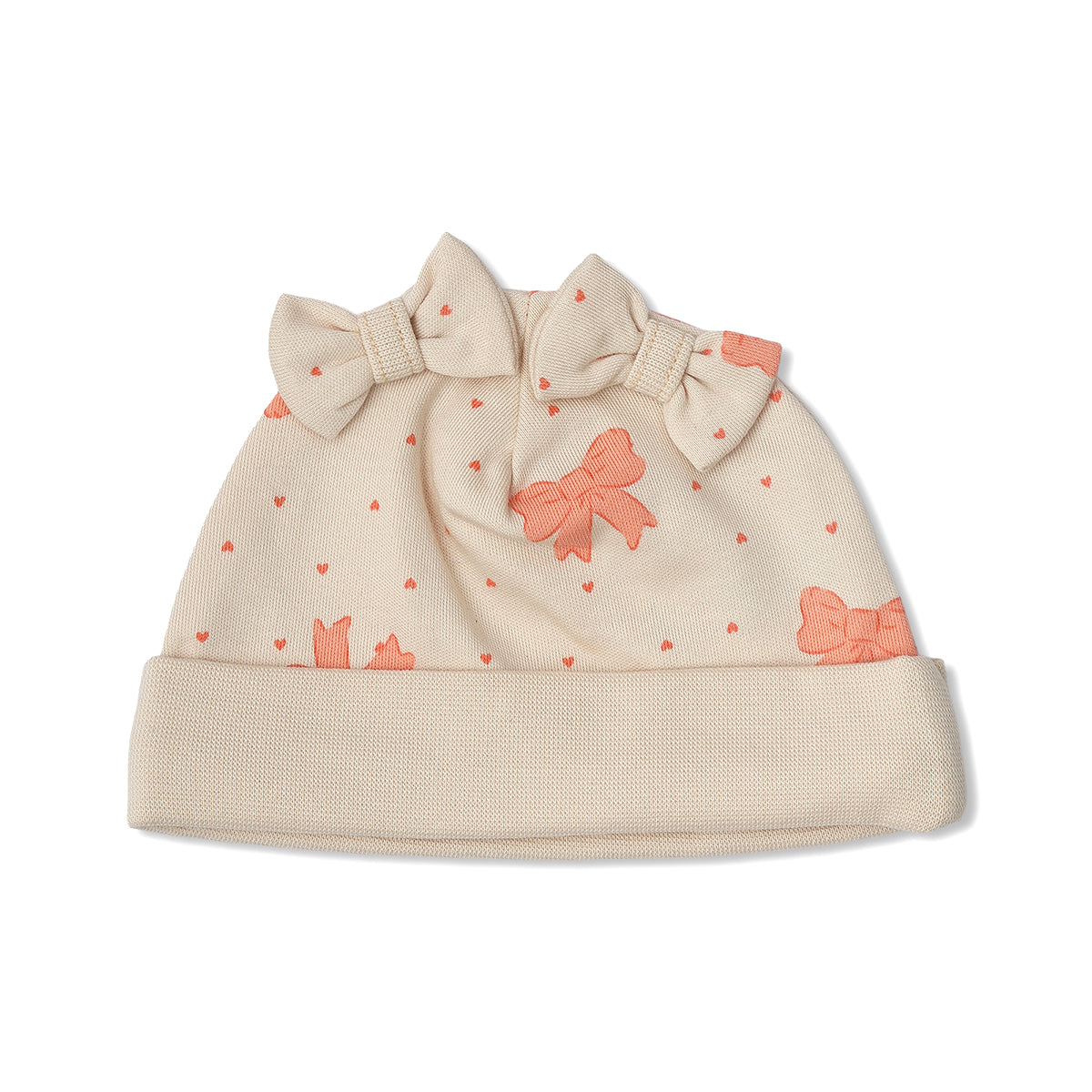 Baby Girls Heart And Bow Print Cap Pack Of 2, Peach And Beige