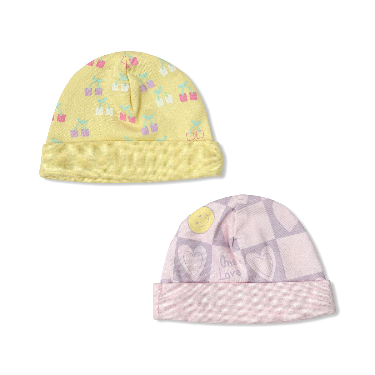 Baby Girls Cherry And Heart Print Cap Pack Of 2, Yellow And Light Purple