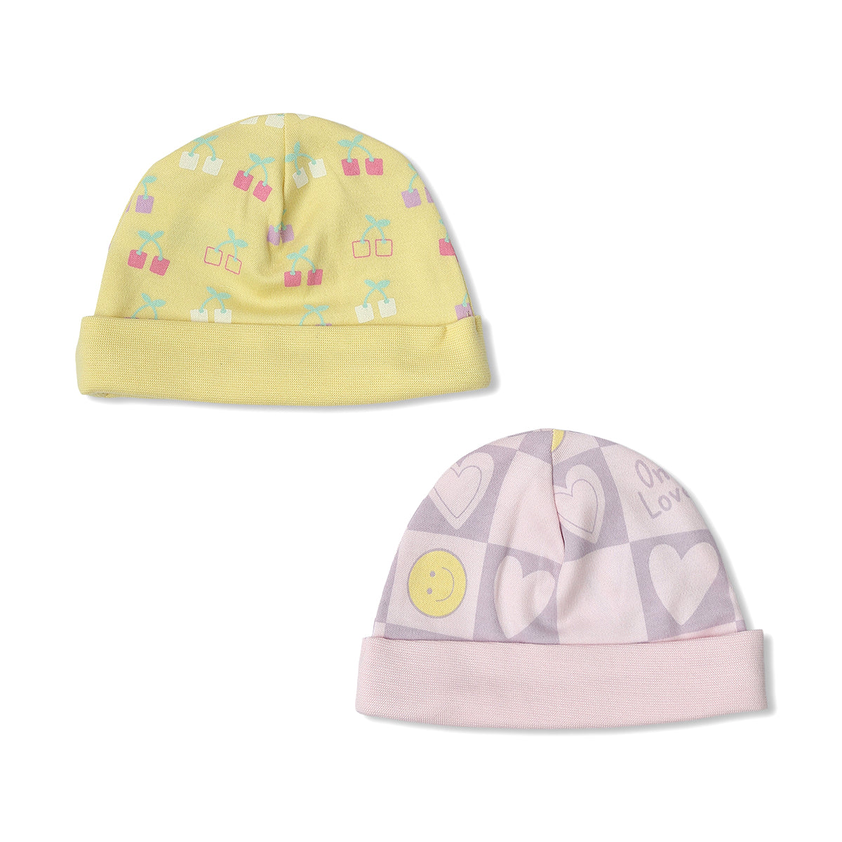 Baby Girls Cherry And Heart Print Cap Pack Of 2, Yellow And Light Purple
