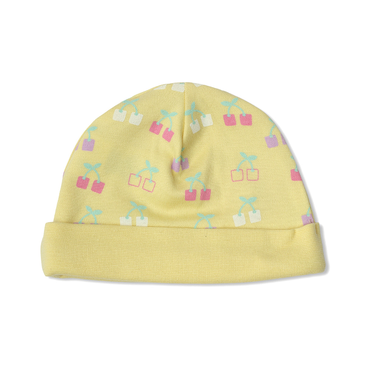 Baby Girls Cherry And Heart Print Cap Pack Of 2, Yellow And Light Purple