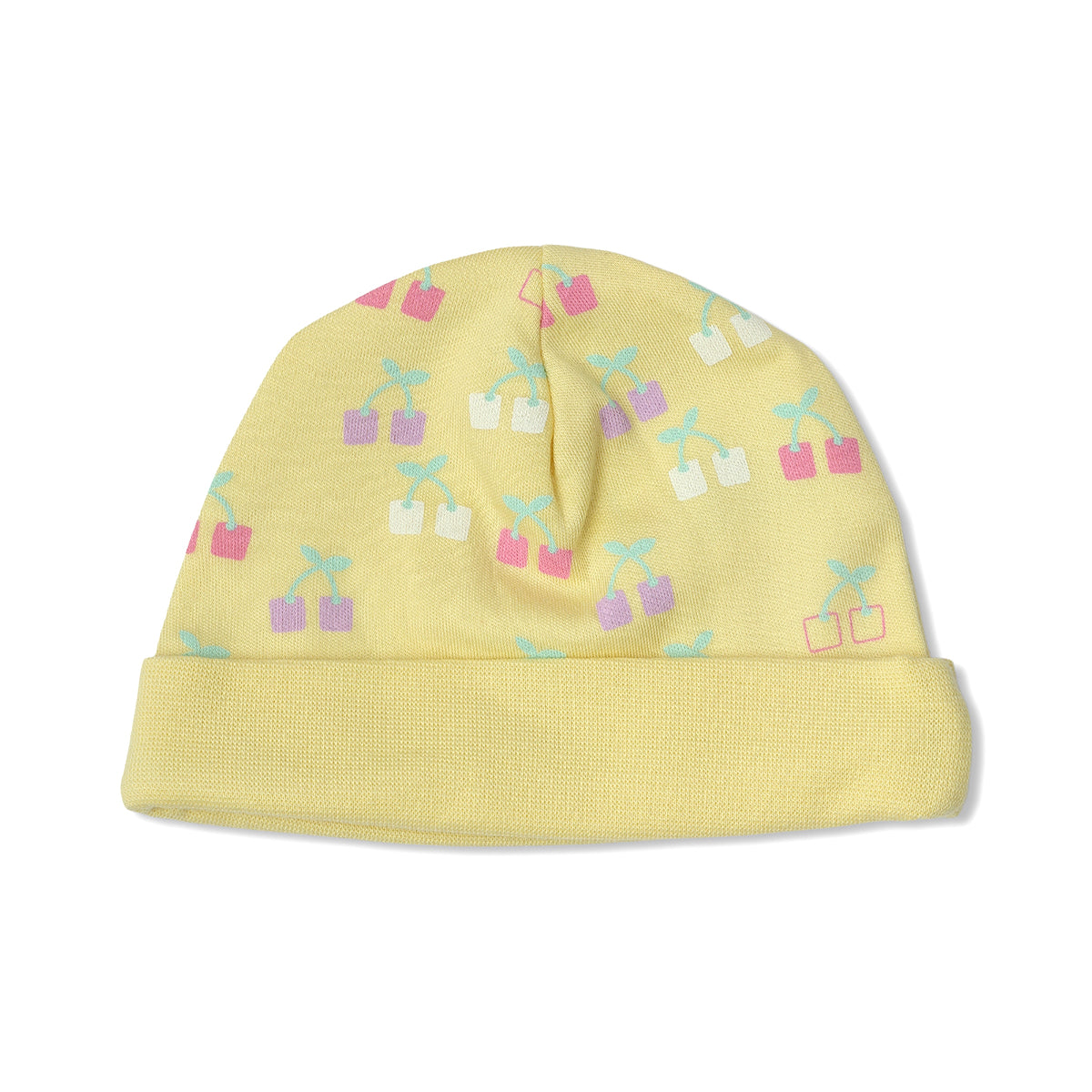 Baby Girls Cherry And Heart Print Cap Pack Of 2, Yellow And Light Purple