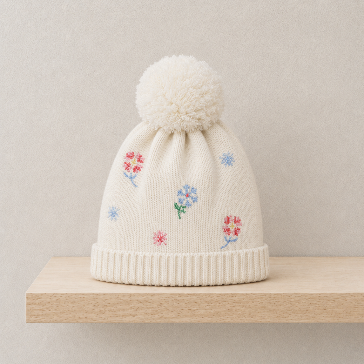 Baby Girls Cream Knitted Floral Embroidered Pom-Pom Cap With Fold-Over Cuff Casual Wear