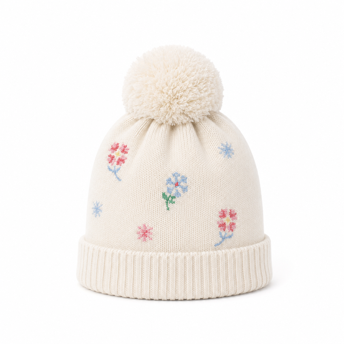 Baby Girls Cream Knitted Floral Embroidered Pom-Pom Cap With Fold-Over Cuff Casual Wear