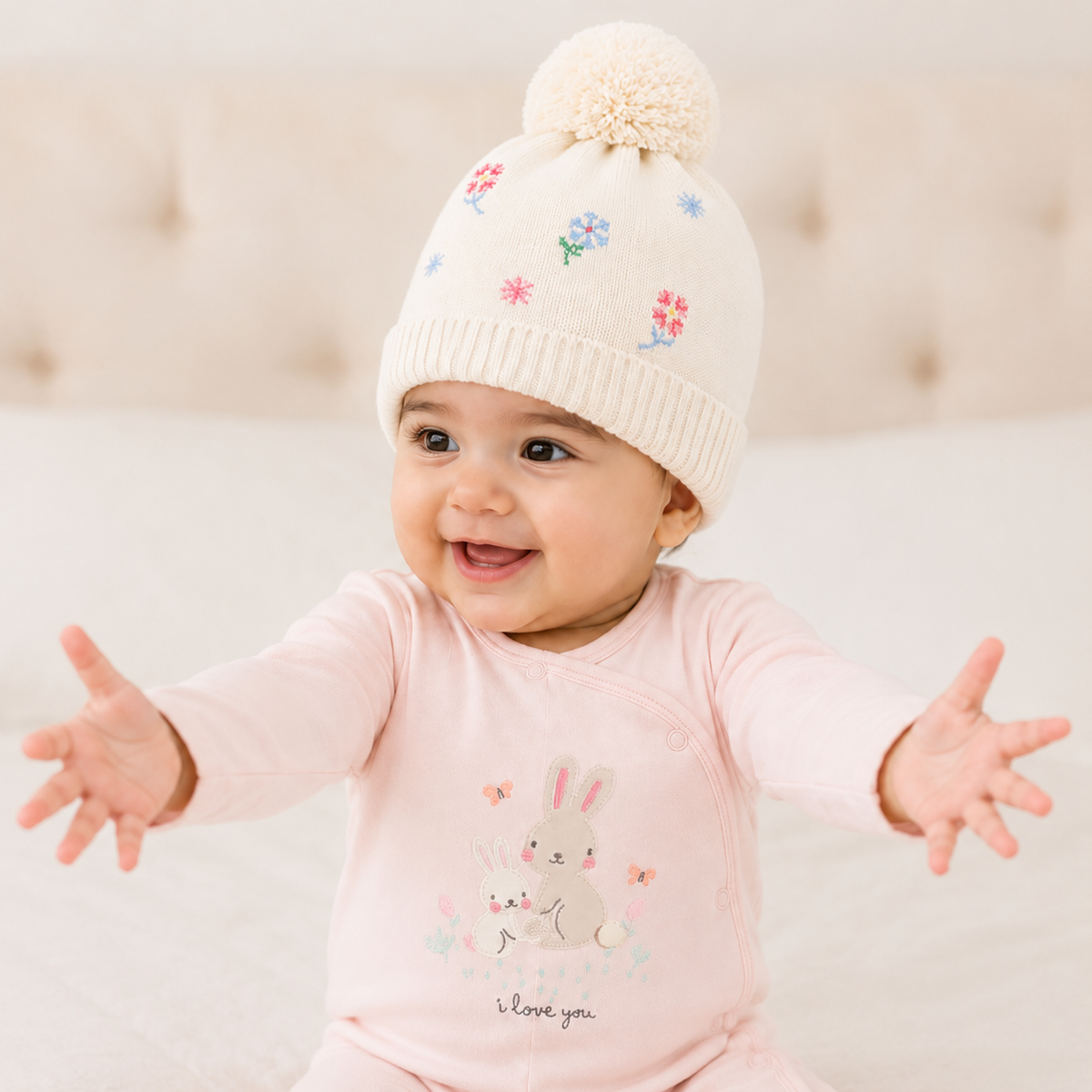 Baby Girls Cream Knitted Floral Embroidered Pom-Pom Cap With Fold-Over Cuff Casual Wear