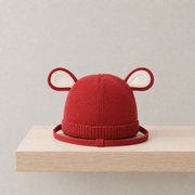 Baby Unisex Red Cotton Knit Animal Ear Cap with Chin Strap