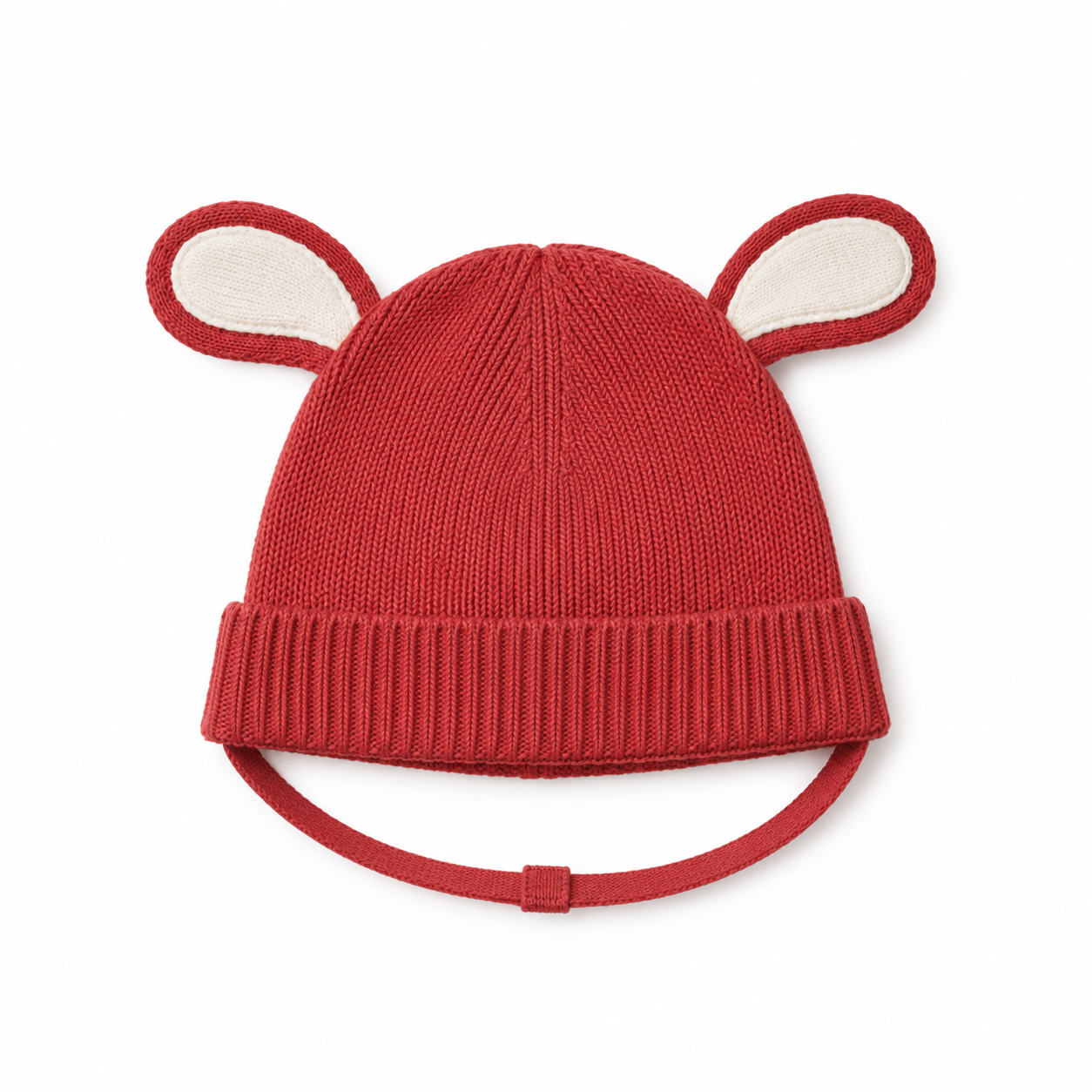 Baby Unisex Red Cotton Knit Animal Ear Cap with Chin Strap