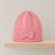 Baby Girls Pink Knitted Pointelle Cap With Bow Detail And Ribbed Cuff Casual Wear