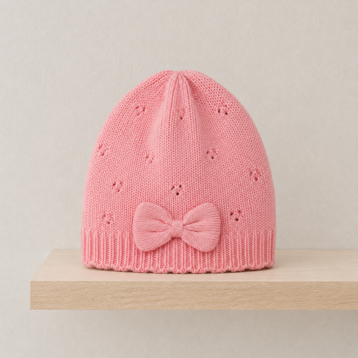Baby Girls Pink Knitted Pointelle Cap With Bow Detail And Ribbed Cuff Casual Wear