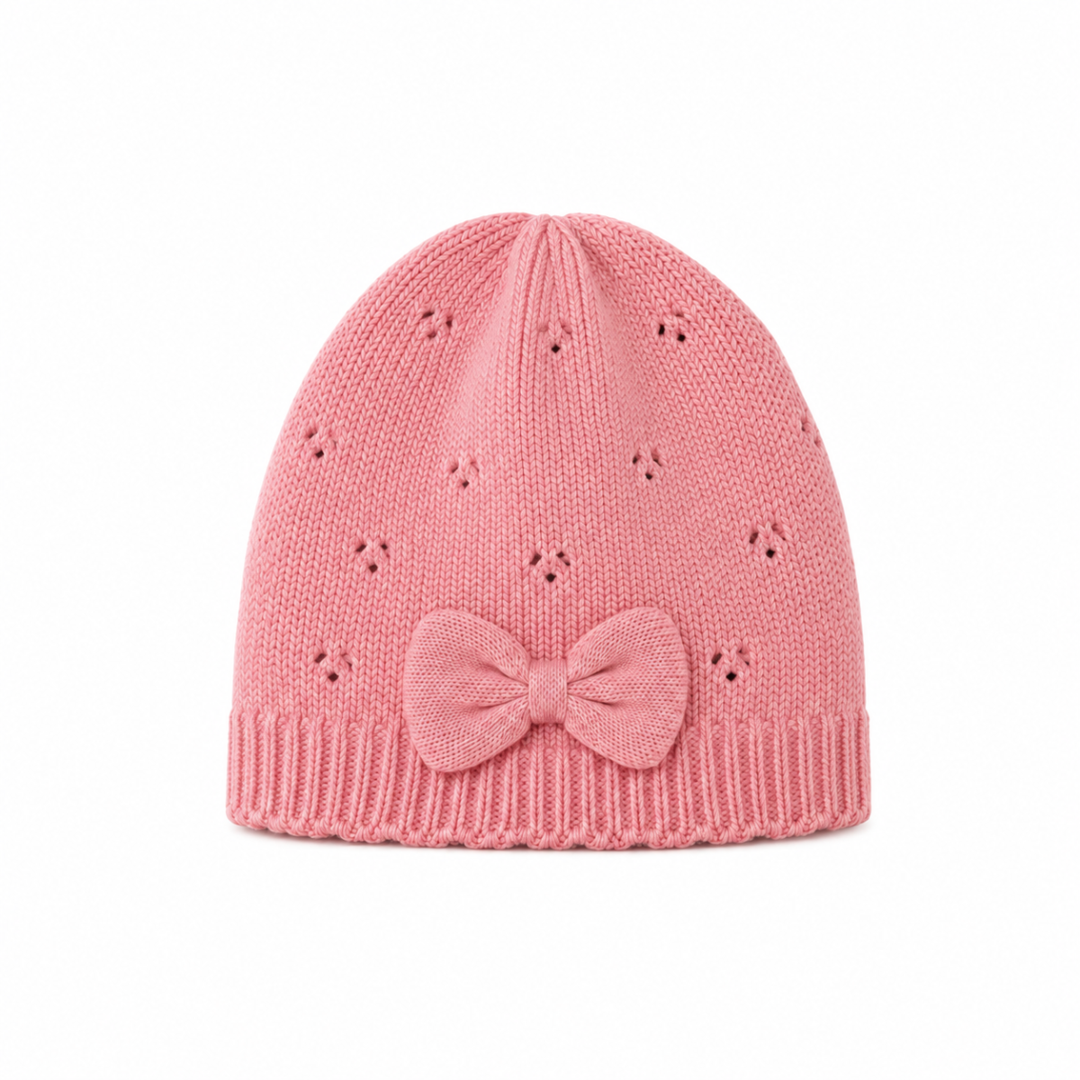 Baby Girls Pink Knitted Pointelle Cap With Bow Detail And Ribbed Cuff Casual Wear