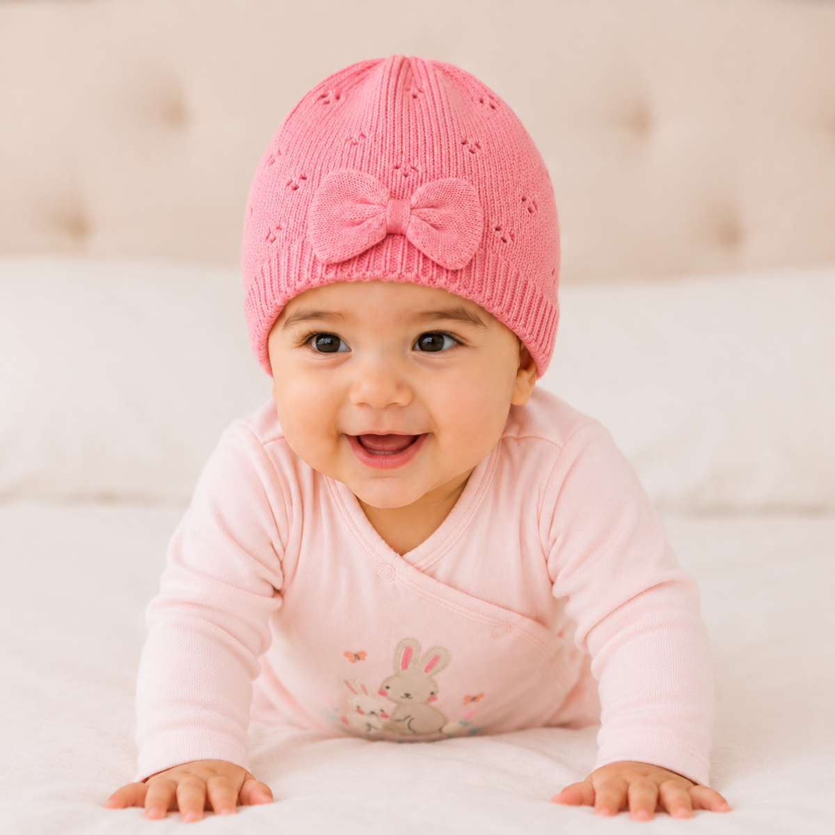 Baby Girls Pink Knitted Pointelle Cap With Bow Detail And Ribbed Cuff Casual Wear