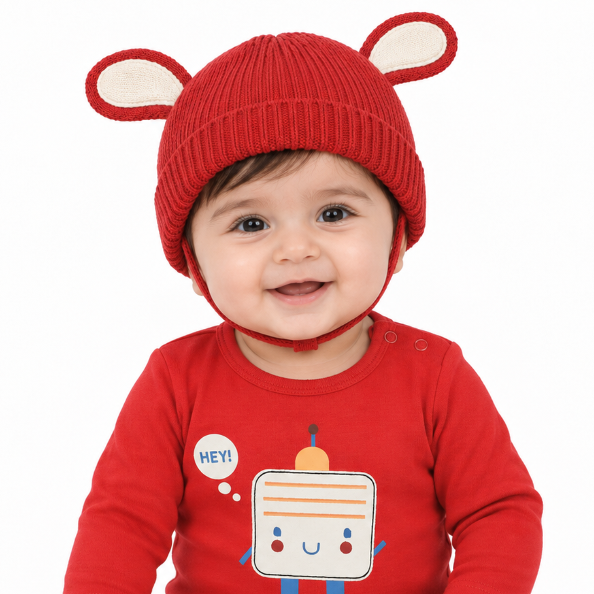 Baby Girls Red Acrylic Knitted Cap with Ear Design Regular Fit Winter Wear