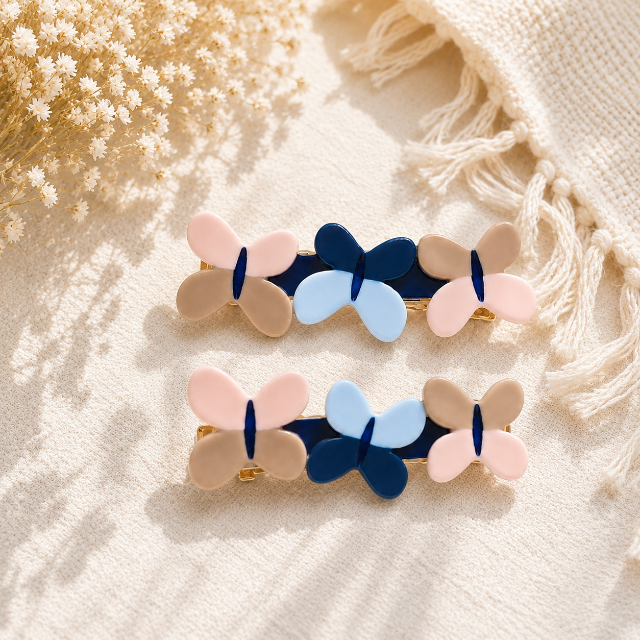 Baby Girls Pink Blue And Beige Butterfly Hair Clips 1 Pair Casual Wear