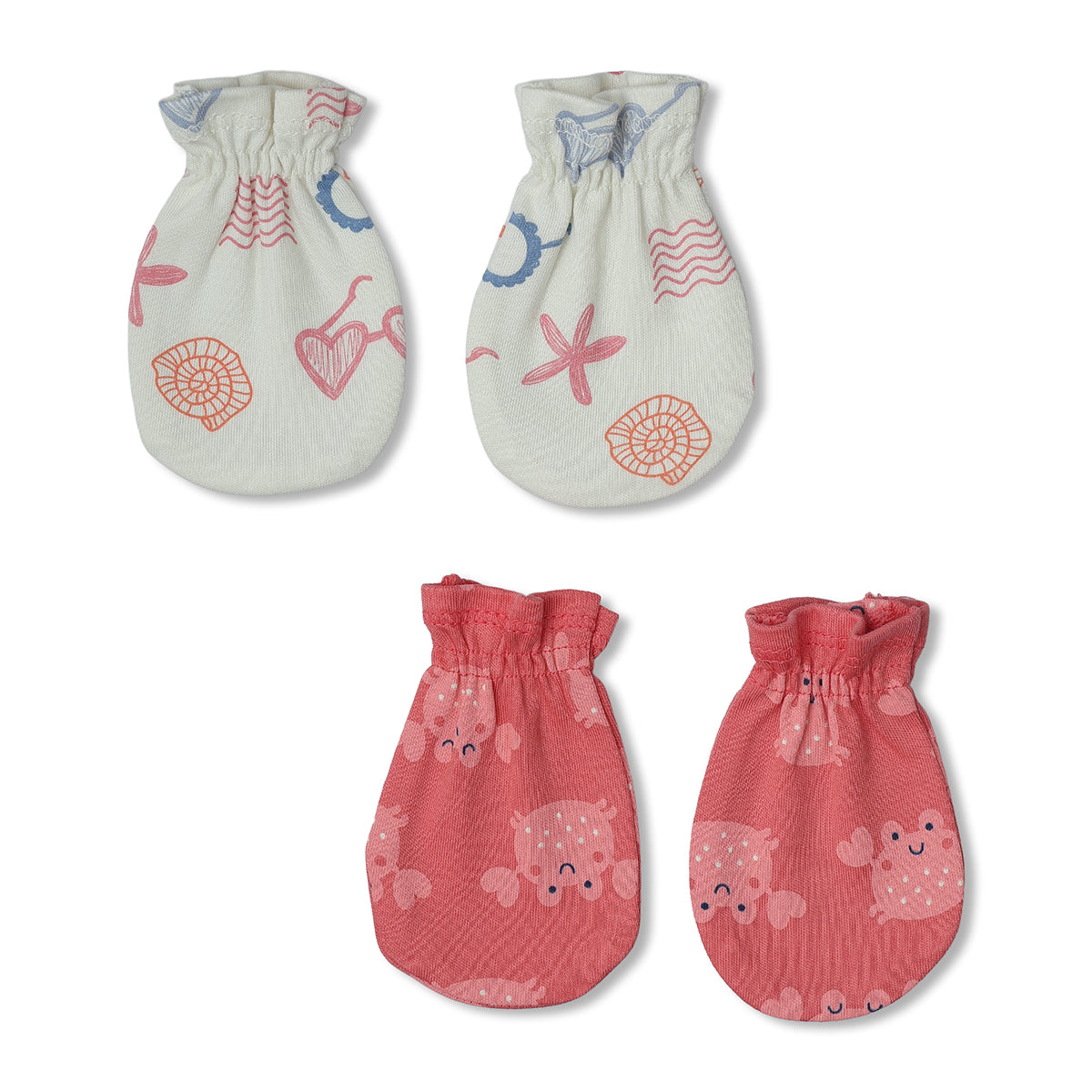 Baby Girls Sea Print And Animal Print Mittens Pack Of 2 White And Coral