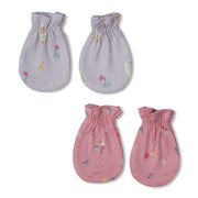 Baby Girls Bird And Floral Motif Mittens Pack Of 2, Pink And Lavender