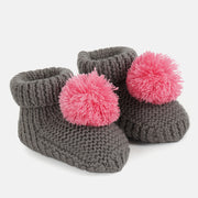 Unisex Knitted Booties with Pink Pom-Pom  – Grey