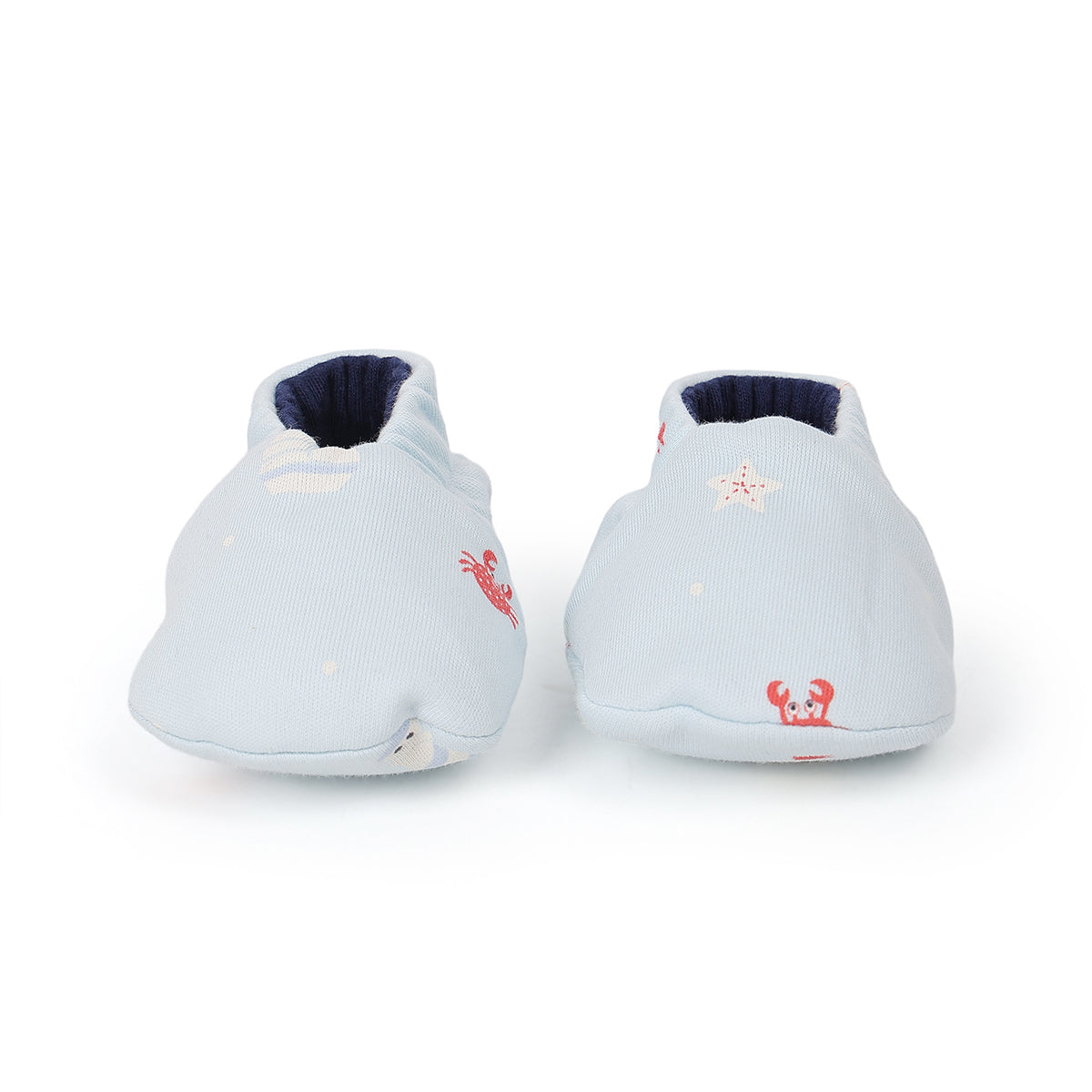 Baby Unisex Reversible Cotton Booties With Animal Print, Light Blue And Navy