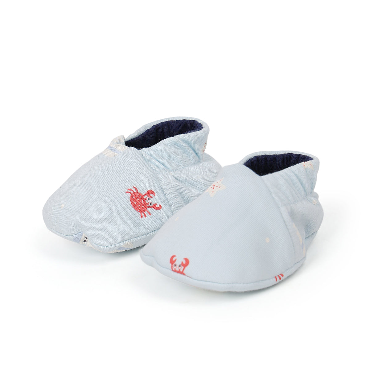 Baby Unisex Reversible Cotton Booties With Animal Print, Light Blue And Navy