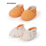 Baby Unisex Reversible Cotton Booties With Animal And Carrot Print, Orange And Off White
