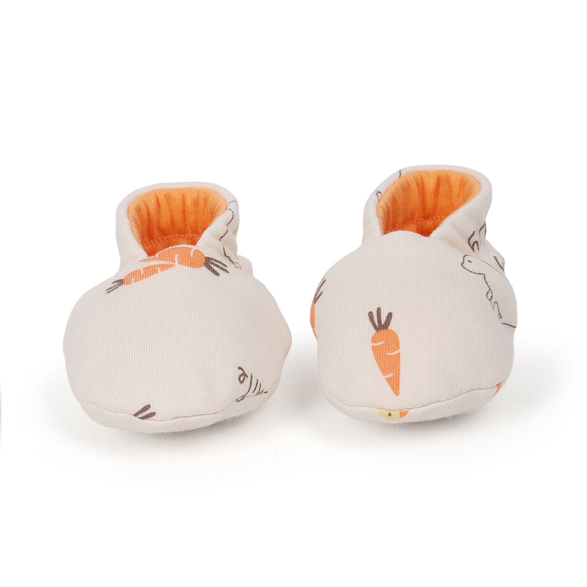 Baby Unisex Reversible Cotton Booties With Animal And Carrot Print, Orange And Off White