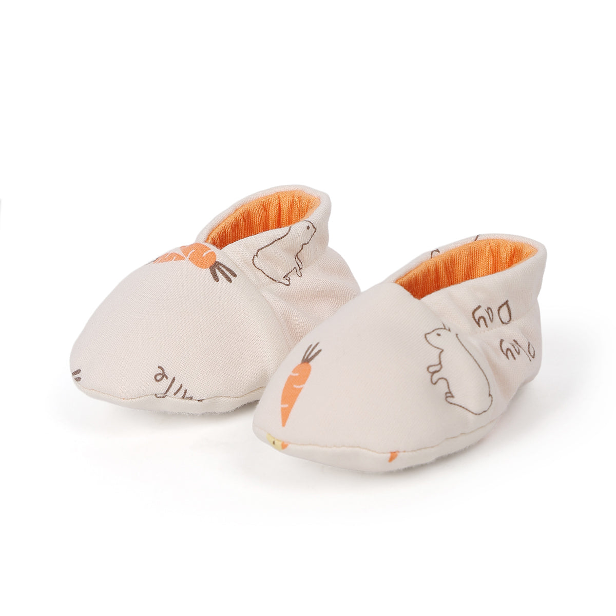 Baby Unisex Reversible Cotton Booties With Animal And Carrot Print, Orange And Off White