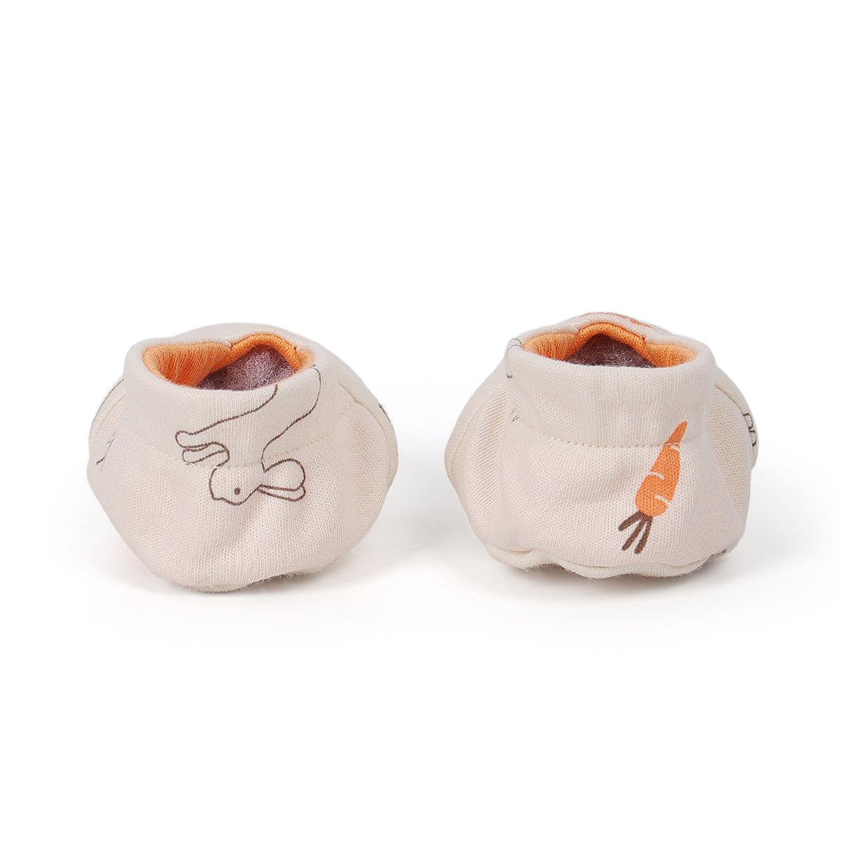 Baby Unisex Reversible Cotton Booties With Animal And Carrot Print, Orange And Off White