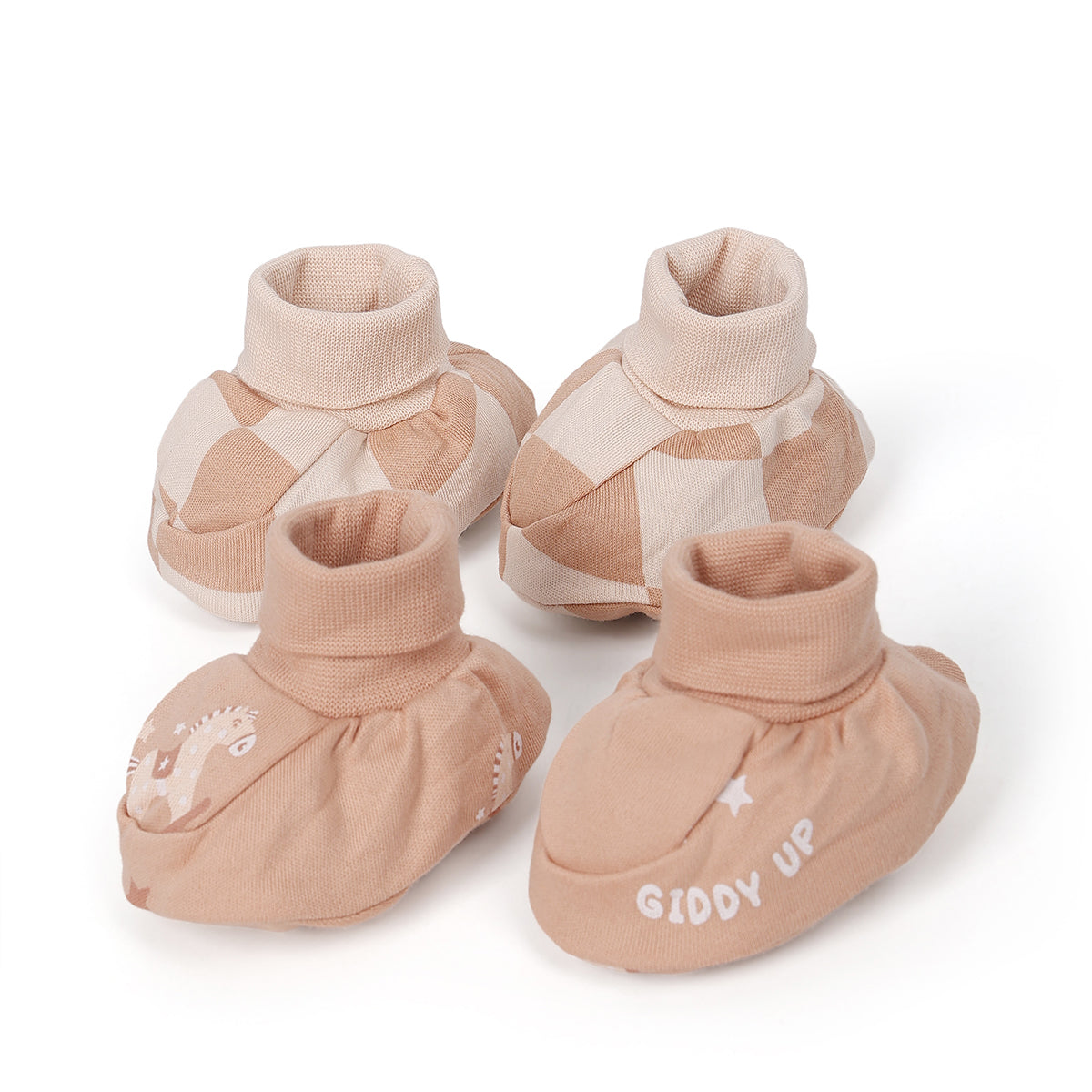 Baby Unisex Cotton Booties With All Over Print, Brown And Cream
