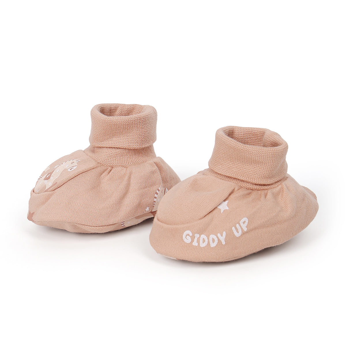 Baby Unisex Cotton Booties With All Over Print, Brown And Cream
